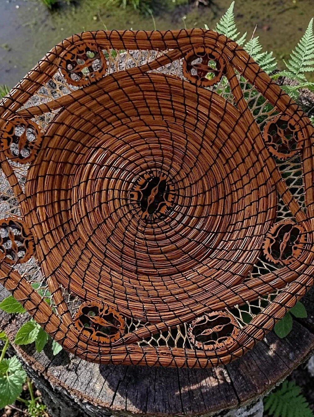 Vintage Long Pine Needle Basket Walnut Slice Inserts Coiled Folk Art Hand Woven